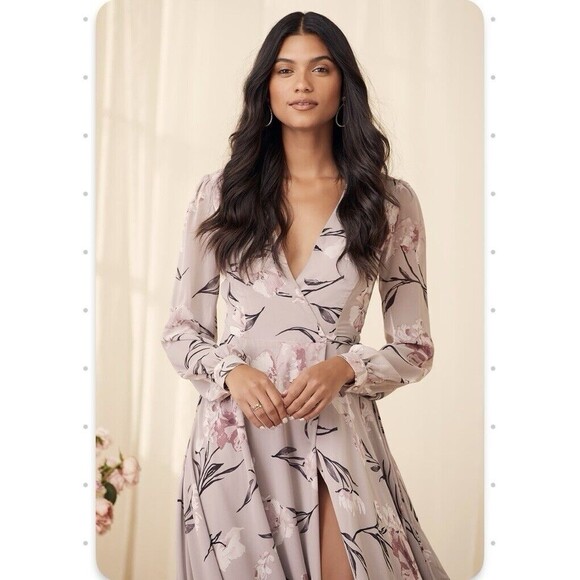 Lulus Loving You Dusty Purple Floral Print Long Sleeve Wrap Maxi Dress Size S - Picture 6 of 8